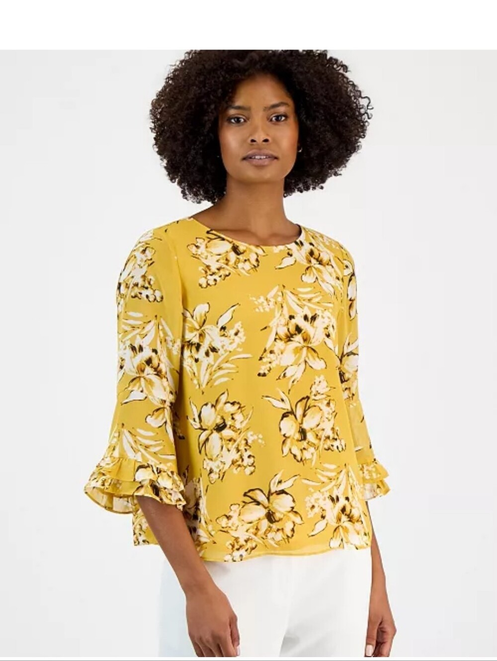 NWT Kasper Yellow Floral Blouse Small Bell Sleeve Career Office Top $79